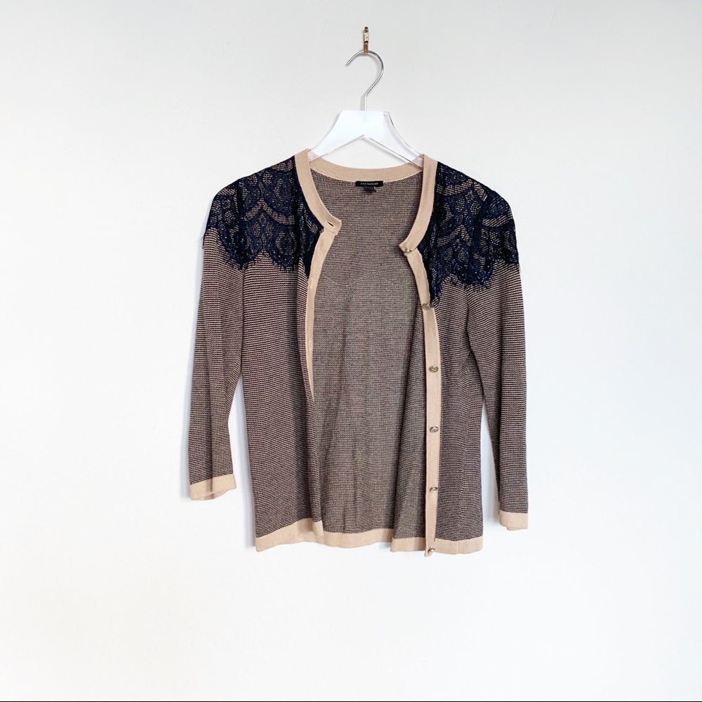 Ann Taylor Tan and Black Cardigan Sweater With Lace Detailing